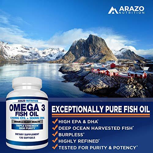 Omega 3 Fish Oil 2250mg | HIGH EPA 1200MG + DHA 900MG Triple Strength Burpless Capsules | 120 Pills | Arazo Nutrition Supplement Arazo Nutrition 