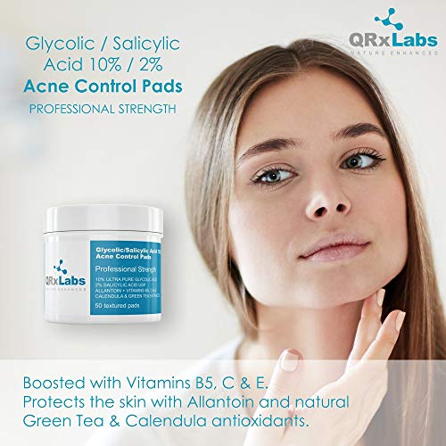 Glycolic/Salicylic Acid 10/2 Acne Control Pads with 10% Ultra Pure Glycolic Acid + 2% Salicylic Acid USP, Allantoin, Vitamins B5, C & E, Calendula & Green Tea - Helps Clear Up and Control Acne Skin Care QRxLabs 
