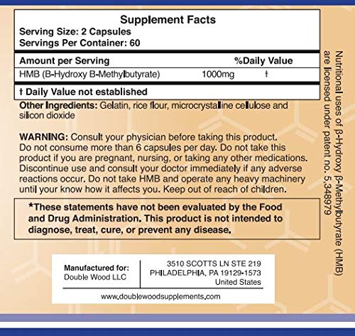 HMB Supplement, Third Party Tested, Made in USA, 120 Capsules, 1000mg per serving, 500mg per capsule. Supplement Double Wood Supplements 