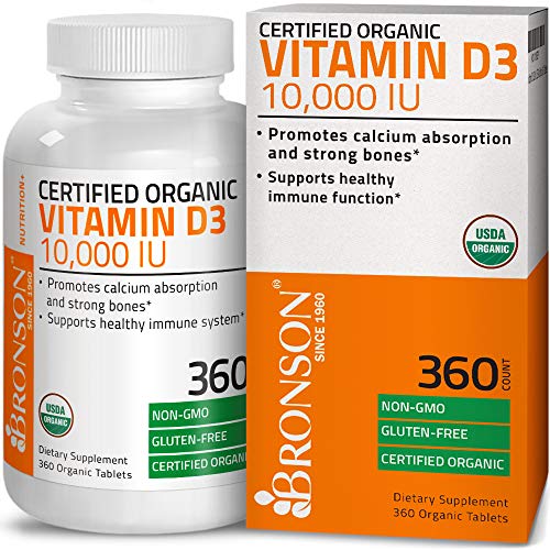 Bronson Vitamin D3 10,000 IU Certified Organic Vitamin D Supplement, Non-GMO Gluten Free USDA Certified Formula, 360 Tablets Supplement Bronson 