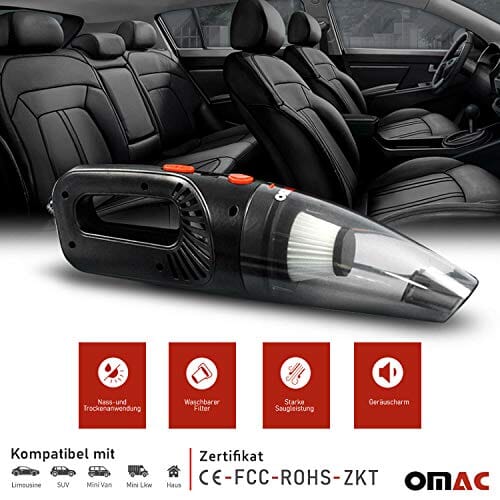 Omac Car Vacuum Cleaner | Portable Mini High Power Handheld Vac | 12V Wet and Dry Use 15 ft Cord 2 Washable HEPA Filter and Bag | Auto Accesories Kit for Interior Detailing Black Home OMAC 