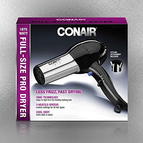 Conair 1875 Watt Full Size Pro Hair Dryer with Ionic Conditioning, Black/Chrome Hair Dryer Conair 