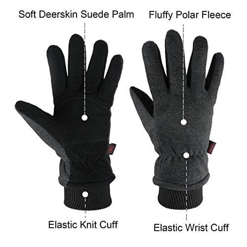 OZERO Work Gloves -30°F Coldproof Winter Ski Snow Glove - Deerskin Leather Palm & Polar Fleece Back with Insulated Cotton - Windproof Water-resistant Warm hands in Cold Weather for Women Men - Gray(M) Apparel OZERO 