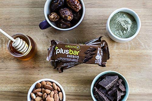Greens+ Plusbar Energy Chocolate | Organic | Vegan | Non-GMO | Soy, Dairy & Gluten Free Bar Made with Organic Dates, Dark Chocolate, Almonds & Superfoods |EcoCert Certified| 70% Cacao, Box of 12 Bars Supplement Greens+ 
