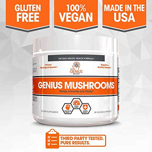 Genius Mushroom – Lions Mane, Cordyceps and Reishi – Immune System Booster & Nootropic Brain Supplement – Wellness Formula for Natural Energy, Stress Relief, Memory & Liver Support, 90 Veggie Pills Supplement The Genius Brand 