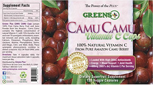 Greens+ Camu Camu Dietary SuperFruit Supplement | 100% Natural Vitamin C | Pure Amazon Camu Berry with Vitamins & Minerals | High ORAC Antioxidants | 400mg Vitamin C | 120 Veggie Capsules Supplement Greens+ 