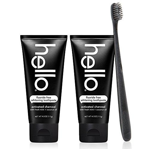 Hello Oral Care Activated Charcoal Fluoride Free Whitening Toothpaste Twin Pack with Black BPA-Free Toothbrush Toothpaste Hello Oral Care 