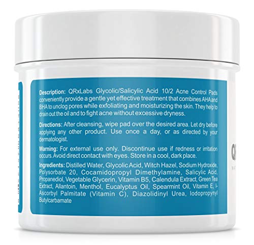 Glycolic/Salicylic Acid 10/2 Acne Control Pads with 10% Ultra Pure Glycolic Acid + 2% Salicylic Acid USP, Allantoin, Vitamins B5, C & E, Calendula & Green Tea - Helps Clear Up and Control Acne Skin Care QRxLabs 