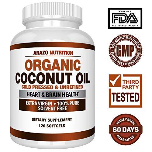 Organic Coconut Oil 2000mg - 100% EXTRA VIRGIN Cold Pressed for Weight Loss, Skin, Hair, Nails - 120 Softgel Capsules - Arazo Nutrition Supplement Arazo Nutrition 