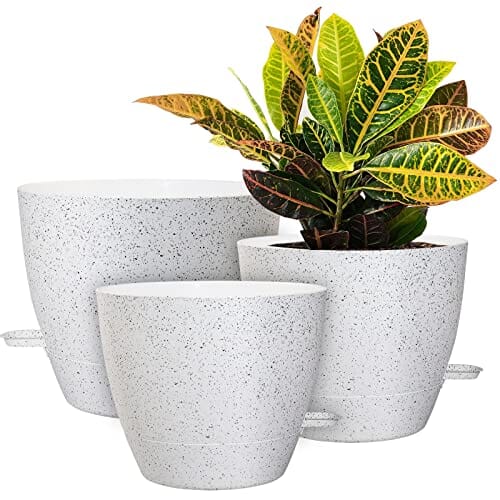 UOUZ 10/9/8 inch Self Watering Pots, Set of 3 Plastic Planters with Mesh Drainage Holes and Deep Reservoir for Indoor Outdoor Garden Plants and Flowers, White Speckles Lawn & Patio UOUZ 