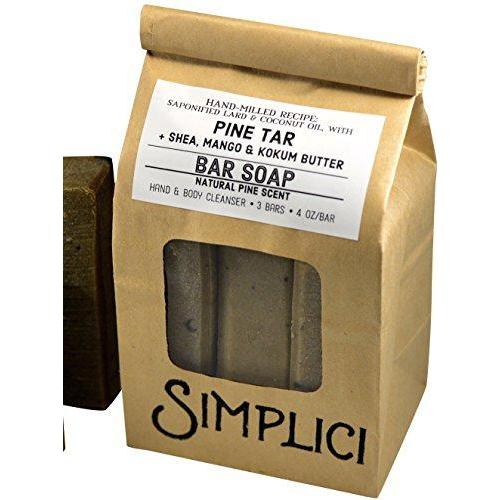 Simplici Pine Tar Bar Soap - With Added Shea Butter, Mango Butter & Kokum Butter. Hand Milled, 4.0 OZ Bars (3 Count) Natural Soap Simplici 