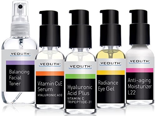 Best Complete Anti Aging Skin Care System, YEOUTH 5 Pack - Balancing Toner for Face - Vitamin C Serum - Hyaluronic Acid Serum - Eye Gel Cream - L22 Face Moisturizer 100% Skin Care Yeouth 