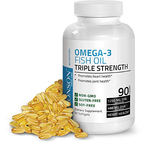 Bronson Omega 3 Fish Oil Triple Strength 2720 mg, Non-GMO, Gluten Free, Soy Free, Heavy Metal Tested, 1250 EPA 488 DHA, 90 Softgels Supplement Bronson 
