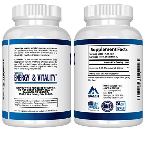 COQ10 Ubiquinone Coenzyme Q10-200mg Maximum Strength Nutritional Supplement - High Absorption Capsules with No Soy - Arazo Nutrition USA Supplement Arazo Nutrition 