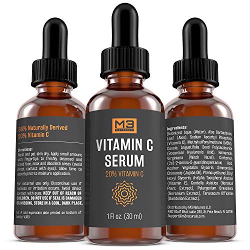 M3 Naturals Vitamin C Serum with Hyaluronic Acid for Face & Eyes Topical Facial Serum Natural Skin Care Acne Treatment Anti Aging Anti Wrinkle Dark Spots Vitamin E 1 FL OZ Skin Care M3 Naturals 