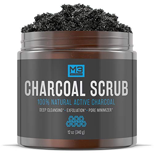 M3 Naturals Activated Charcoal Scrub All Natural Body & Face Skin Care Exfoliating Blackheads Acne Scars Pore Minimizer Reduces Wrinkles Anti Cellulite Treatment 12 OZ Skin Care M3 Naturals 