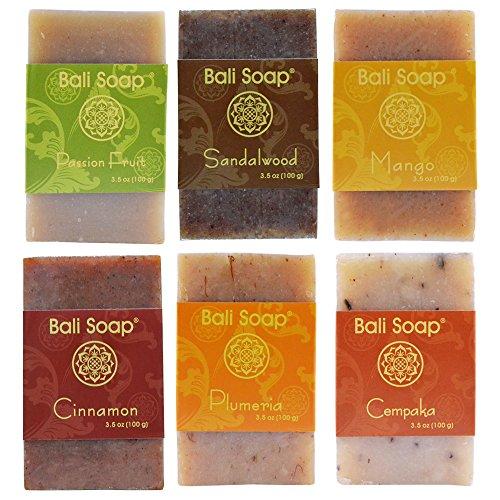 Bali Soap - Natural Soap Bar Gift Set, Face Soap or Body Soap, 6 pc Variety Soap Pack (Passion Fruit, Sandalwood, Mango, Cinnamon, Plumeria, Champaca) 3.5 Oz each Natural Soap Bali Soap 