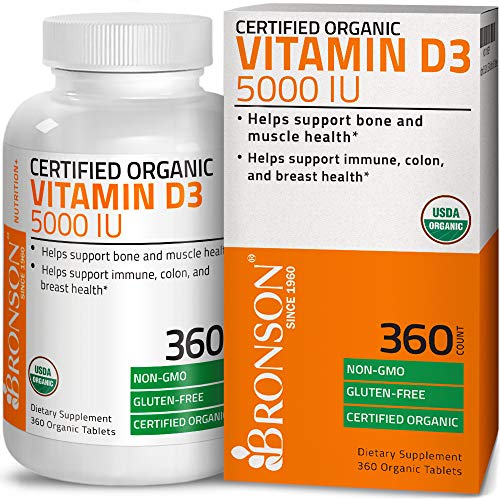 Bronson Vitamin D3 5000 IU Certified Organic Vitamin D Supplement, Non-GMO Gluten Free USDA Certified Formula, 360 Tablets Supplement Bronson 
