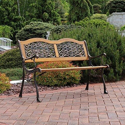Sunnydaze 2-Person Garden Bench - Cast Iron and Wood Frame with Ivy Crossweave Design - 49-Inch Outdoor Patio Furniture - Perfect for Deck, Porch, Balcony, Backyard or Garden Lawn & Patio Sunnydaze Decor 