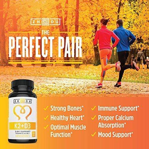 Vitamin K2 (MK7) with D3 Supplement - Vitamin D & K Complex - Bone and Heart Health Formula - 5000 IU Vitamin D3 & 90 mcg Vitamin K2 MK-7-60 Small & Easy to Swallow Vegetable Capsules Supplement Zhou Nutrition 