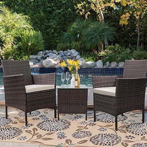 Devoko Patio Porch Furniture Sets 3 Pieces PE Rattan Wicker Chairs with Table Outdoor Garden Furniture Sets (Brown/Beige) Lawn & Patio Devoko 