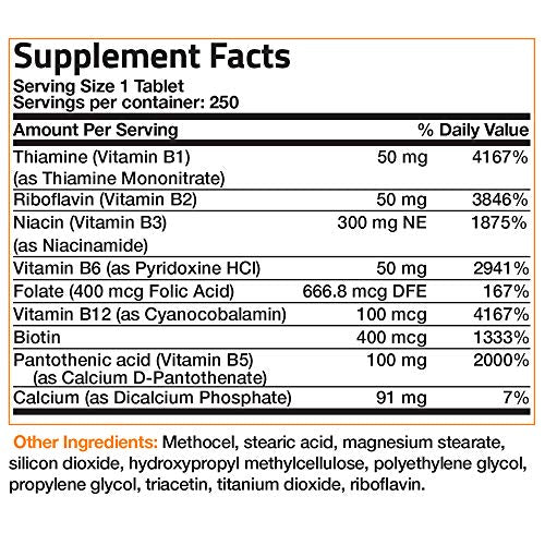 Bronson Vitamin B Complex Sustained Slow Release (Vitamin B1, B2, B3, B6, B9 - Folic Acid, B12) Super B Contains All B Vitamins, Non-GMO, Gluten Free, Soy Free, 250 Tablets Supplement Bronson 