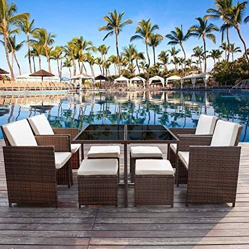 Devoko 9 Pieces Patio Dining Sets Outdoor Space Saving Rattan Chairs with Glass Table Patio Furniture Sets Cushioned Seating and Back Sectional Conversation Set (Beige) Lawn & Patio Devoko 