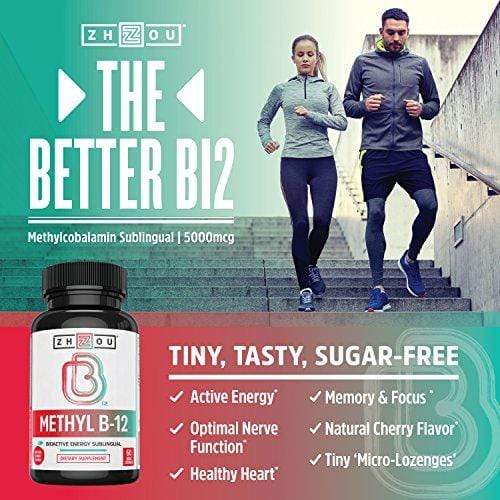 Vitamin B12 (Methyl B12) Sublingual - 5000 mcg Methylcobalamin B 12 for Maximum Absorption and Active Energy - Natural Cherry Flavor, Sugar-Free, Vegan - 60 Micro Lozenges Supplement Zhou Nutrition 