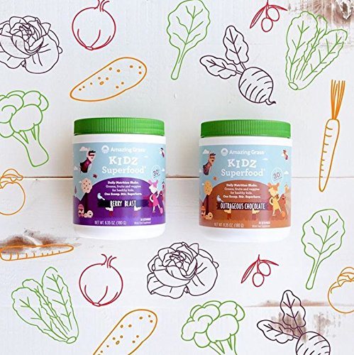 Amazing Grass, Kidz Superfood, Outrageous Chocolate, 30 Servings, 6.35 Oz, Greens, Fruits, Veggies, Probiotics, Organic Wheat Grass, Organic Carrot, Spinach, Broccoli, Vitamin A Supplement Amazing Grass 