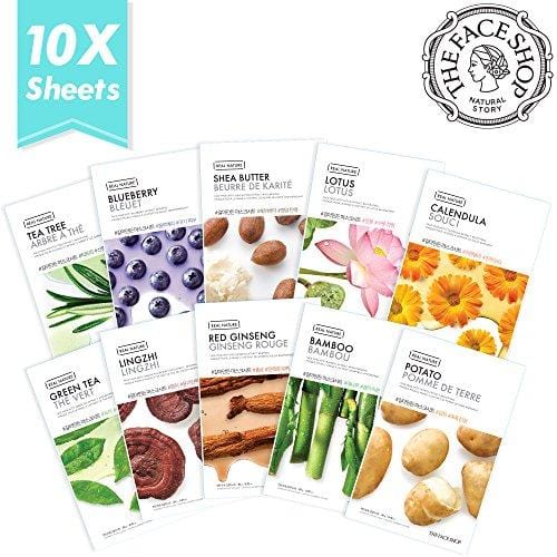 The Face Shop Facial Mask Sheets (10 Treatments), Real Nature [NEW 2017 Version] Full Face Masks Peel Off Disposable Sheet - Set B (Blueberry, Shea Butter, Green Tea, Red Ginger, Bamboo & More) Skin Care THEFACESHOP 