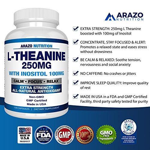 L-Theanine 250mg (EXTRA STRENGTH) with Inositol 100mg, 120 Capsules Vegetarian, Arazo Nutrition Supplement Arazo Nutrition 
