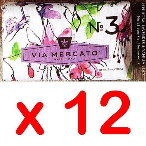 Via Mercato Italian Soap Bar (200g), No. 3 - Pepe Rosa, Lavender and Vanilla Bean CASE OF 12 Natural Soap Pre de Provence 
