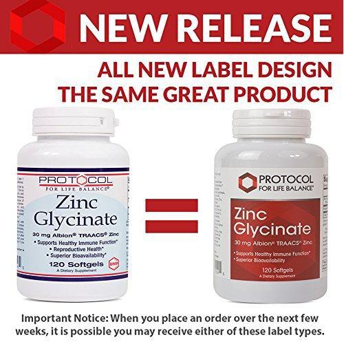 Protocol For Life Balance - Zinc Glycinate 30 mg Albion® TRAACS® Zinc - Supports Healthy Immune Function, Prostate and Reproductive Health, & Metabolism - 120 Softgels Supplement Protocol For Life Balance 