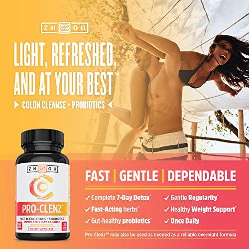 Pro-Clenz 7 Day Colon Cleanse Detox with Probiotics - Healthy Weight, Regularity and Digestion Formula - with Senna, Cascara Sagrada & Bacillus Coagulans - 30 Capsules Supplement Zhou Nutrition 