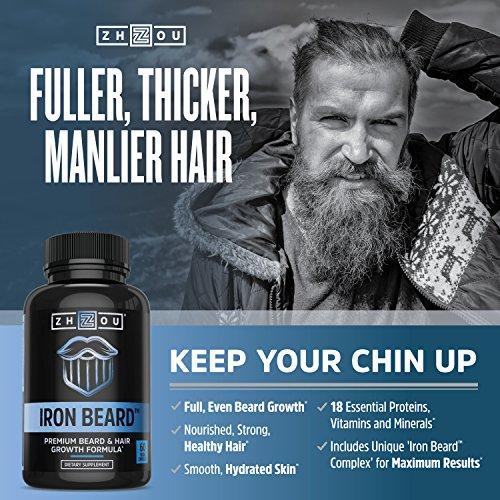 IRON BEARD Beard Growth Vitamin Supplement for Men - Fuller, Thicker, Manlier Hair Growth - 18 Essential Vitamins, Minerals & Proteins - Biotin, Collagen, Saw Palmetto & More - 60 Capsules Supplement Zhou Nutrition 
