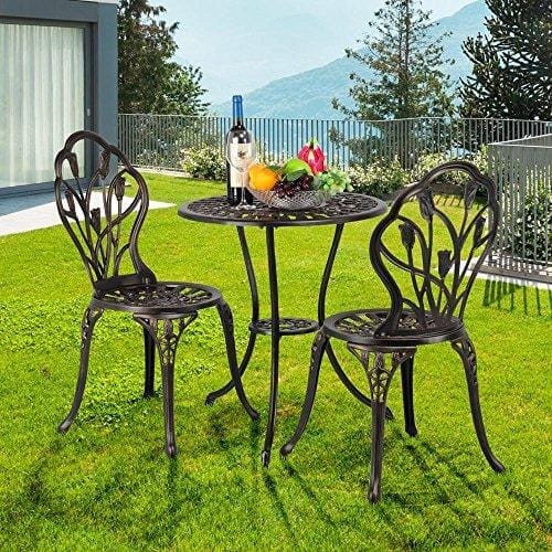 YAHEETECH 3 PCS Patio Set Tulip Design Setting Cast Bistro Table Chair Outdoor Patio Furniture, Aluminum, Antique Bronze Furniture YAHEETECH 