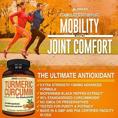 Turmeric Curcumin with BioPerine 1300MG with Black Pepper - Joint Support Nutritional Supplements - 100% Herbal Tumeric Root Capsules - Arazo Nutrition Supplement Arazo Nutrition 