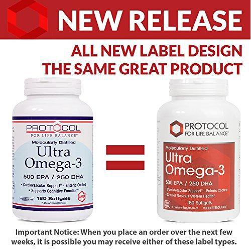 Protocol For Life Balance - Ultra Omega-3 (500 EPA/250 DHA) - Supports Cardiovascular and Cognitive Function, Healthy Heart, Brain, Joints, Mood, Skin and Hair - 180 Softgels Supplement Protocol For Life Balance 