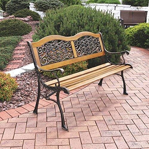 Sunnydaze 2-Person Garden Bench - Cast Iron and Wood Frame with Ivy Crossweave Design - 49-Inch Outdoor Patio Furniture - Perfect for Deck, Porch, Balcony, Backyard or Garden Lawn & Patio Sunnydaze Decor 