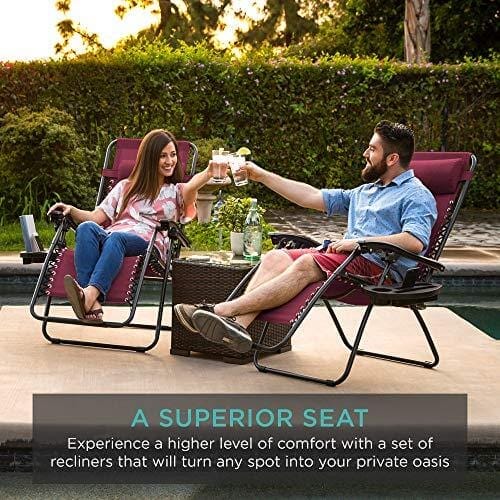 Best Choice Products Set of 2 Adjustable Zero Gravity Lounge Chair Recliners for Patio, Pool w/Cup Holders - Burgundy Lawn & Patio Best Choice Products 