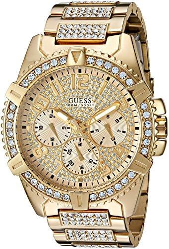 GUESS Stainless Steel Gold-Tone Crystal Embellished Bracelet Watch with Day, Date + 24 Hour Military/Int'l Time. Color: Gold-Tone (Model: U0799G2) Watch GUESS 