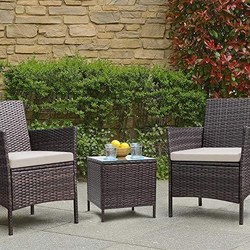 Devoko Patio Porch Furniture Sets 3 Pieces PE Rattan Wicker Chairs with Table Outdoor Garden Furniture Sets (Brown/Beige) Lawn & Patio Devoko 