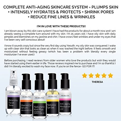 Best Complete Anti Aging Skin Care System, YEOUTH 5 Pack - Balancing Toner for Face - Vitamin C Serum - Hyaluronic Acid Serum - Eye Gel Cream - L22 Face Moisturizer 100% Skin Care Yeouth 