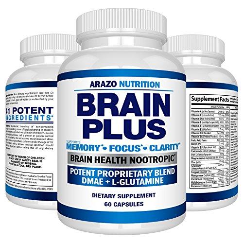 Premium Brain Function Supplement – Memory, Focus, Clarity – Nootropic Booster with DMAE, Bacopa Monnieri, L-Glutamine, Multi Vitamins, Multi Minerals - Arazo Nutrition Supplement Arazo Nutrition 