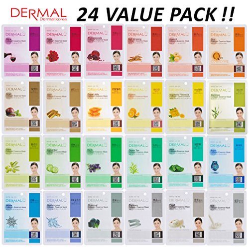 DERMAL 24 Combo Pack Collagen Essence Full Face Facial Mask Sheet - The Ultimate Supreme Collection for Every Skin Condition Day to Day Skin Concerns. Nature made Freshly packed Korean Face Mask Skin Care DERMAL 