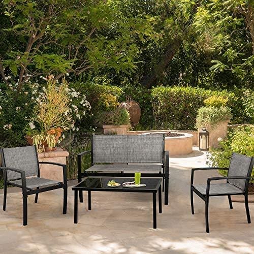 JUMMICO 4 Pieces Patio Furniture Set Modern Conversation Set Outdoor Garden Patio Bistro Set with Glass Coffee Table for Home, Porch, Lawn (Grey) Lawn & Patio JUMMICO 