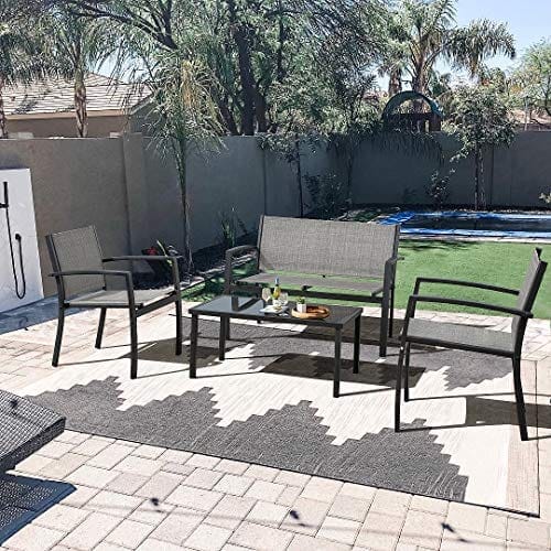 JUMMICO 4 Pieces Patio Furniture Set Modern Conversation Set Outdoor Garden Patio Bistro Set with Glass Coffee Table for Home, Porch, Lawn (Grey) Lawn & Patio JUMMICO 