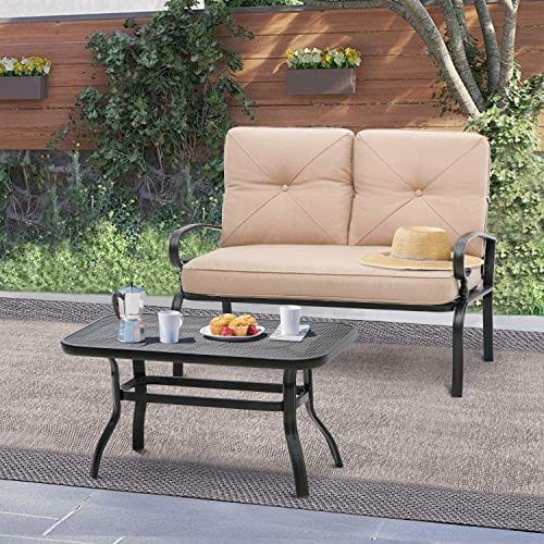 Incbruce Outdoor Patio Furniture Loveseat 2-Piece and Bistro Coffee Table Set Furniture Bench with Cushion, Lawn Front Porch Garden, Steel Frame, Brown Lawn & Patio Incbruce 