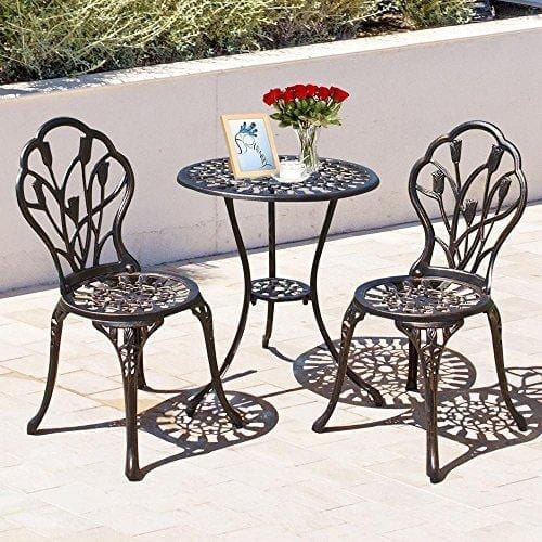 YAHEETECH 3 PCS Patio Set Tulip Design Setting Cast Bistro Table Chair Outdoor Patio Furniture, Aluminum, Antique Bronze Furniture YAHEETECH 