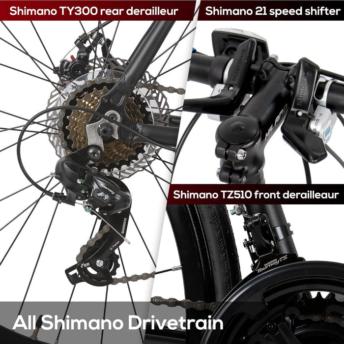 Hiland rower wyścigowy 700c Racing Bike lekki, aluminiowa rama, rower miejski, system napędowy Shimano, 21 biegów, hamulce tarczowe, różne modele z kółkami 700C, rower męski, damski ROCKSHARK 